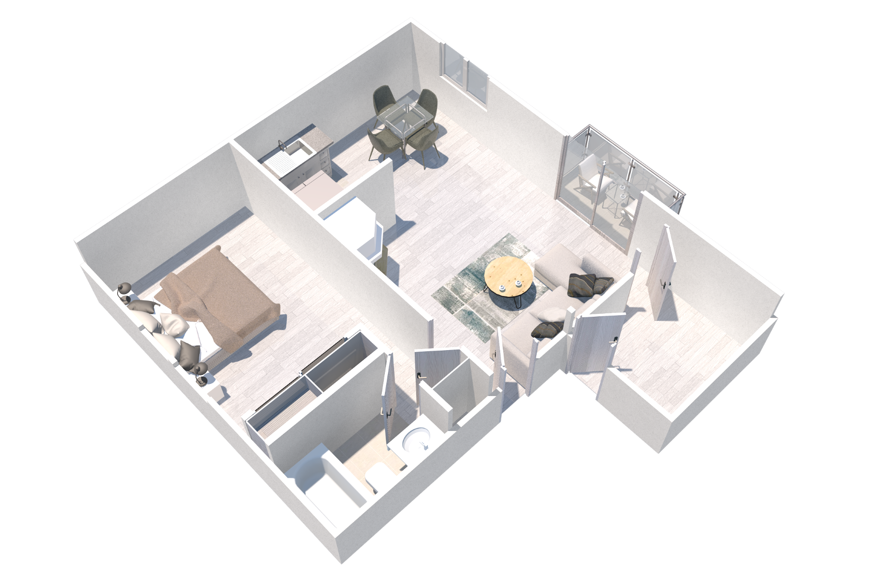 Floor plan for 1 bed, 1 bath, 728 sqft